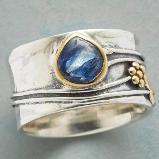 Meditationsbånd | Bred ring i sølvfarve med blå sten – Visning 01