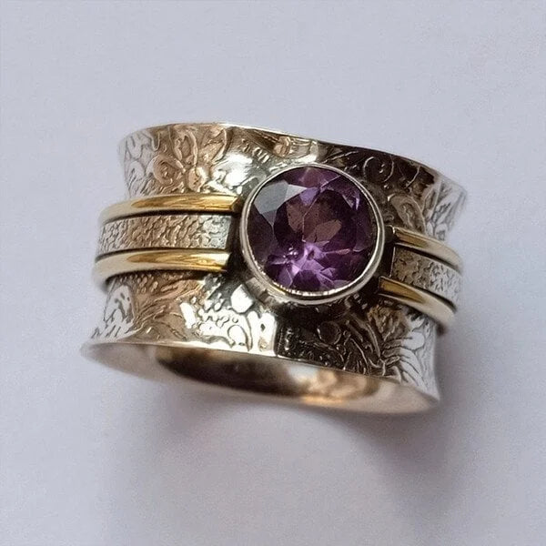Drejebånd | Bred ring i sølvfarve med lilla sten – Visning 03
