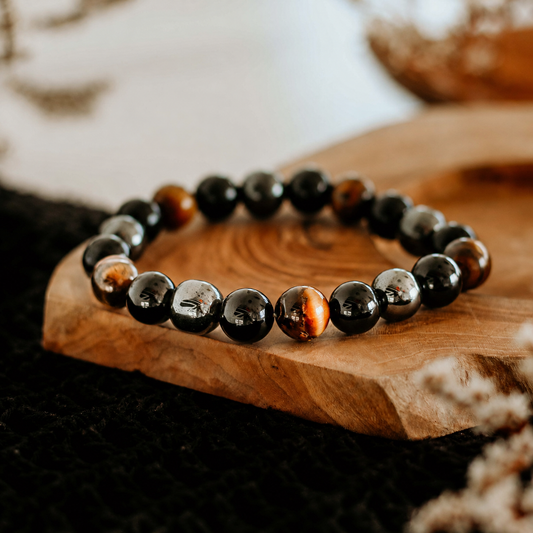 Tredobbelt Beskyttelse-armbånd med hematit, sort obsidian og tigerøje
