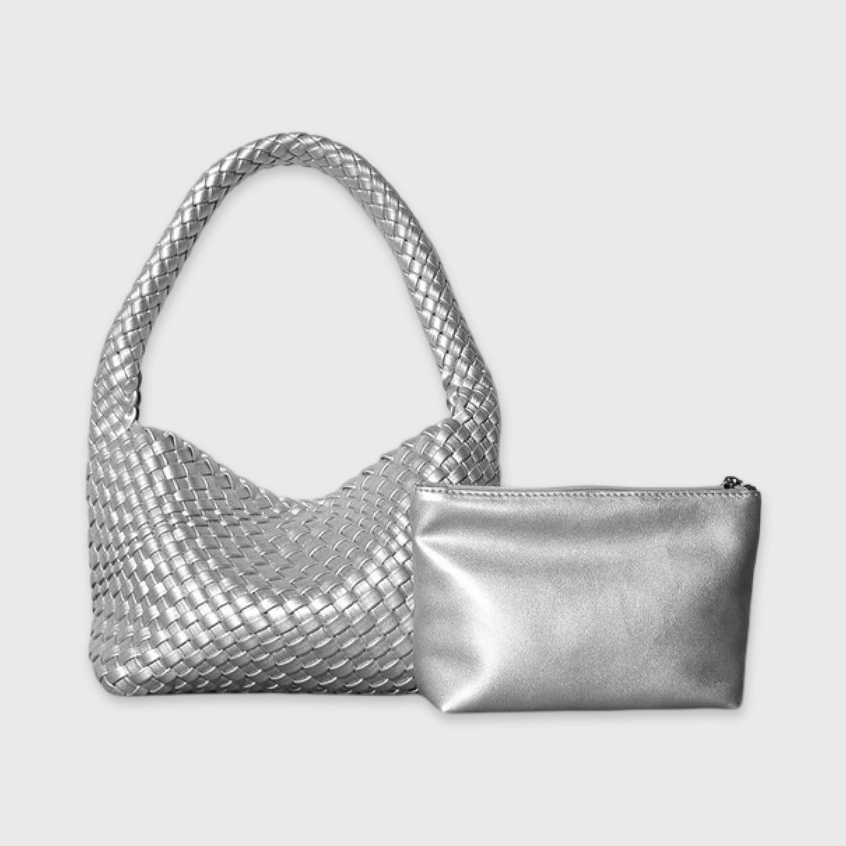 Sølv Woven skuldertaske set forfra